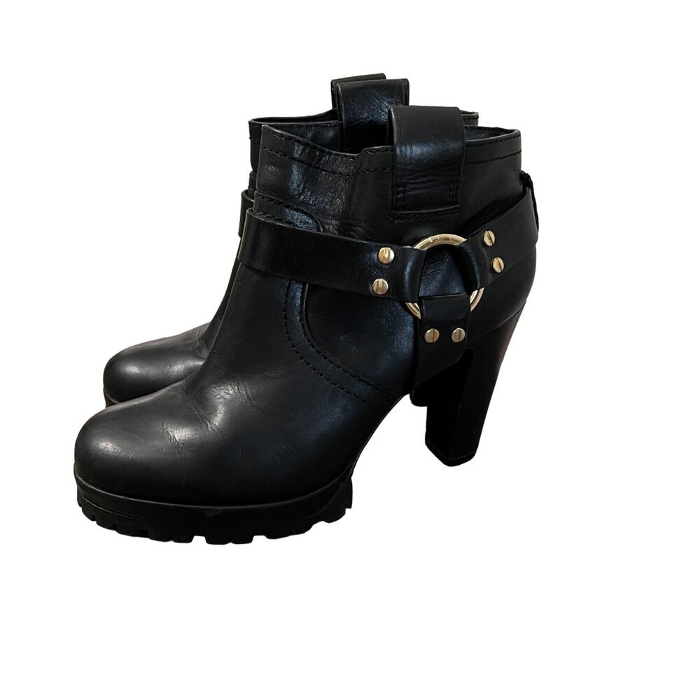 Tory Burch Womens Black Rina Harness Lugged Sole Heeled Ankle Booties Boots SZ 7